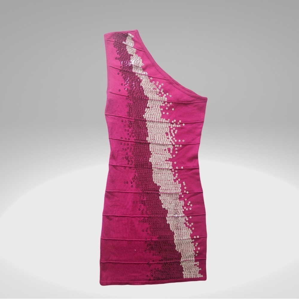BEBE fuchsia one shoulder mini dress .